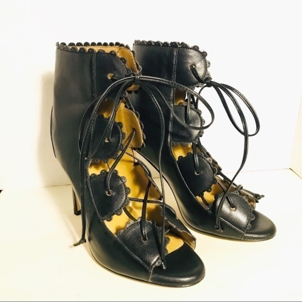 CECELIA NEW YORK Jose Black Lace Up Pump Peep Toe Scallop Sexy